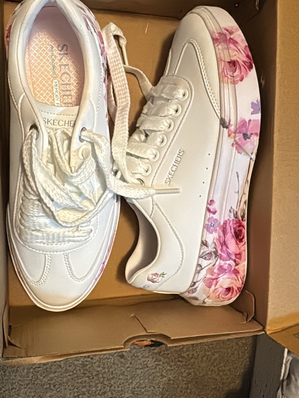 Skechers White Sneakers with Pink Floral Platform